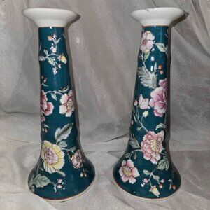 VTG Pair Ceramic Candle Holder Floral Teal Pink Yellow White China